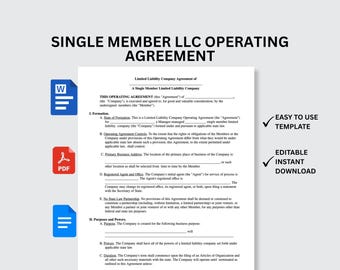 Peut inclure: Document d'accord d'exploitation de LLC à membre unique. Le document comprend des sections sur la formation, les contrôles de l'accord d'exploitation et l'agent enregistré. Icônes pour Word, PDF et un document à gauche. Texte à droite : "Modèle facile à utiliser" et "Téléchargement instantané modifiable."