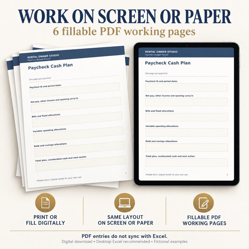 Printed Paycheck Cash Plan pages beside a tablet mockup. Six fillable PDF working pages are included for digital filling or printing. PDF entries do not synchronize with Excel. Digital product; device not included.