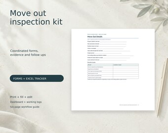 Peut inclure: Un kit d'inspection de déménagement numérique comprenant un guide de travail de six pages, des formulaires coordonnés et un suivi Excel. Le document affiche un formulaire Move Out Details avec des champs pour l'adresse et un tableau.