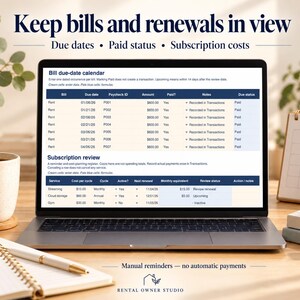 May include: A laptop screen displaying a digital bill and subscription tracker spreadsheet. The interface includes sections titled Bill due-date calendar and Subscription review with columns for dates, amounts, and status. The text Keep bills and renewals in view is at the top.