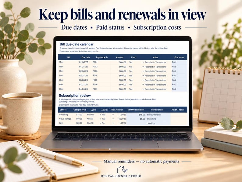 May include: A laptop screen displaying a digital bill and subscription tracker spreadsheet. The interface includes sections titled Bill due-date calendar and Subscription review with columns for dates, amounts, and status. The text Keep bills and renewals in view is at the top.