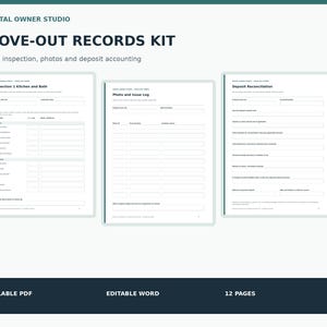 Op de afbeelding: Een digitale verhuisdocumentenset met drie pagina's getiteld Rental Owner Studio, Move-Out Records Kit, Inspection 1 Kitchen and Bath, Photo and Issue Log en Deposit Reconciliation, met invulbare velden en een formaat van 12 pagina's.