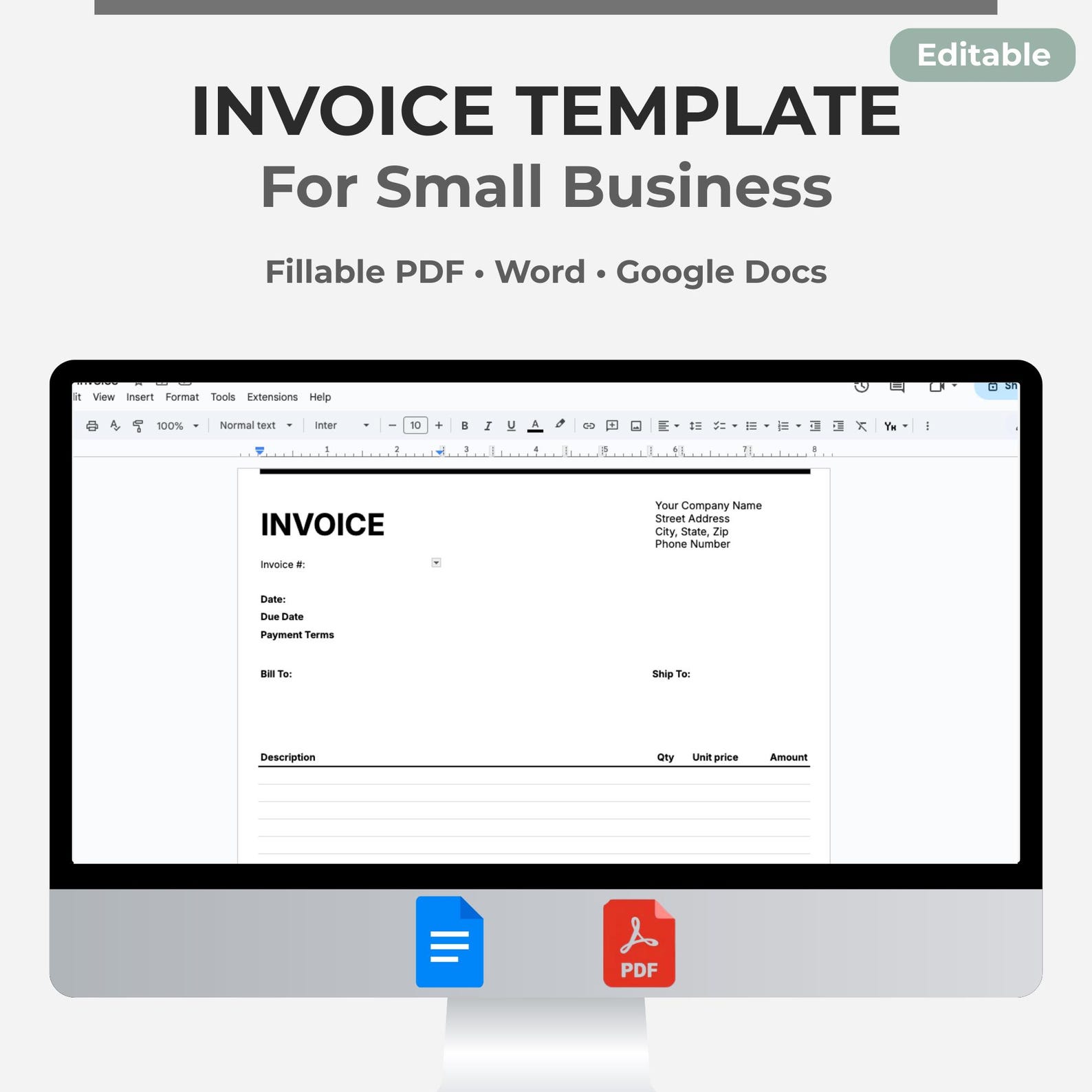 Editable Invoice Template | Small Business, Freelancer (PDF) - Etsy