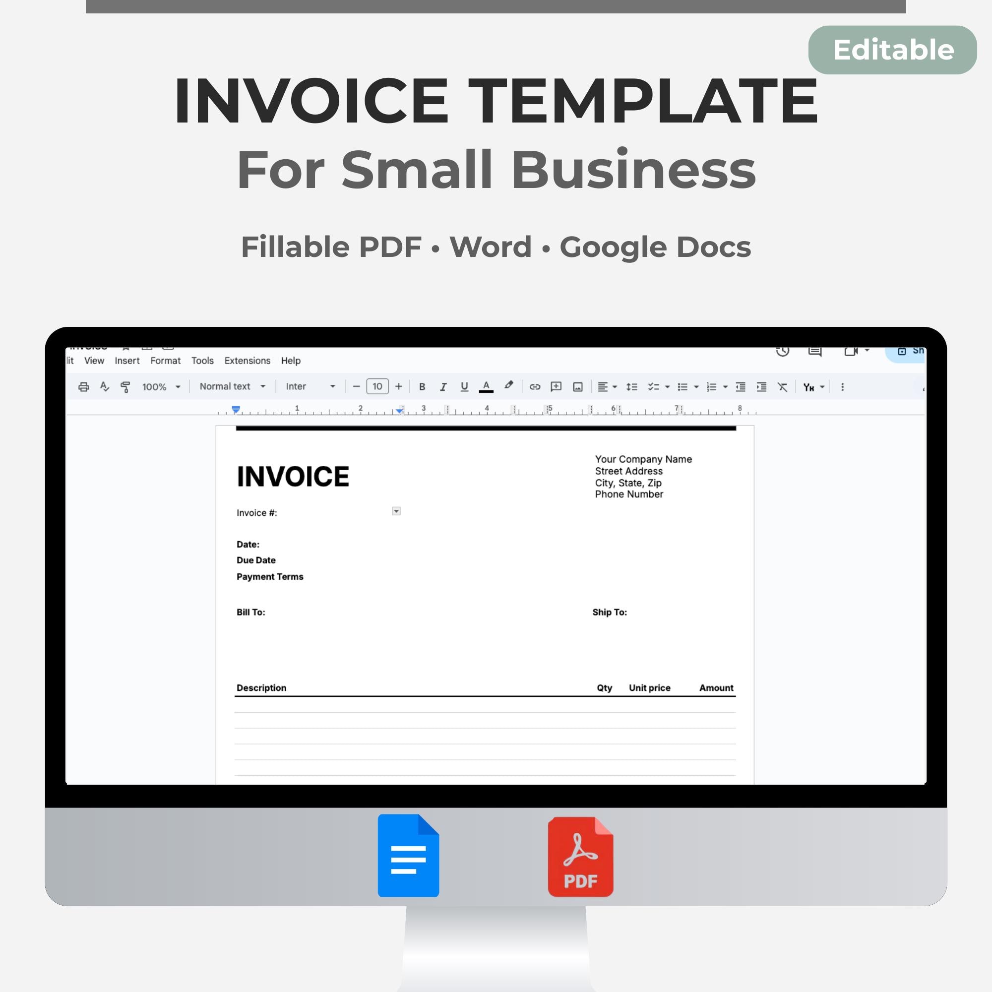 Editable Invoice Template | Small Business, Freelancer (PDF) - Etsy