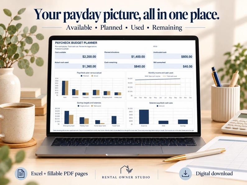 May include: A laptop screen displays a Paycheck Budget Planner dashboard with the text Your payday picture, all in one place. The interface includes sections for cash available, planned allocations, and various bar and line charts tracking income, savings, and expenses.