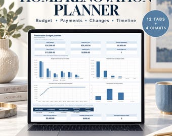 Peut inclure: Un planificateur de rénovation résidentielle numérique affiché sur un écran d'ordinateur portable, avec des sections pour le budget, les paiements, les changements et le calendrier. L'interface comprend 12 onglets, 4 graphiques et des tableaux.