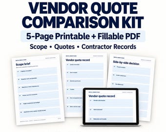 Peut inclure: Un kit de comparaison de devis de fournisseurs comprenant un PDF imprimable et remplissable de 5 pages. L'ensemble inclut un descriptif de portée, un registre de devis et des fiches de décision, présentés sur papier et écran.