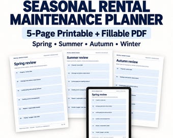 Peut inclure: Un planificateur d'entretien de location saisonnière comprenant un PDF imprimable et remplissable de 5 pages. Le document inclut des sections pour les bilans de printemps, d'été, d'automne et d'hiver avec des champs pour les opérations.