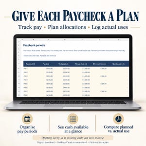 May include: A laptop screen displays a spreadsheet titled Paycheck periods with columns for Paycheck ID, Pay dates, and Net pay. Text above reads GIVE EACH PAYCHECK A PLAN. Below, icons represent organizing pay periods and cash tracking.