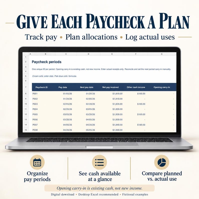 May include: A laptop screen displays a spreadsheet titled Paycheck periods with columns for Paycheck ID, Pay dates, and Net pay. Text above reads GIVE EACH PAYCHECK A PLAN. Below, icons represent organizing pay periods and cash tracking.
