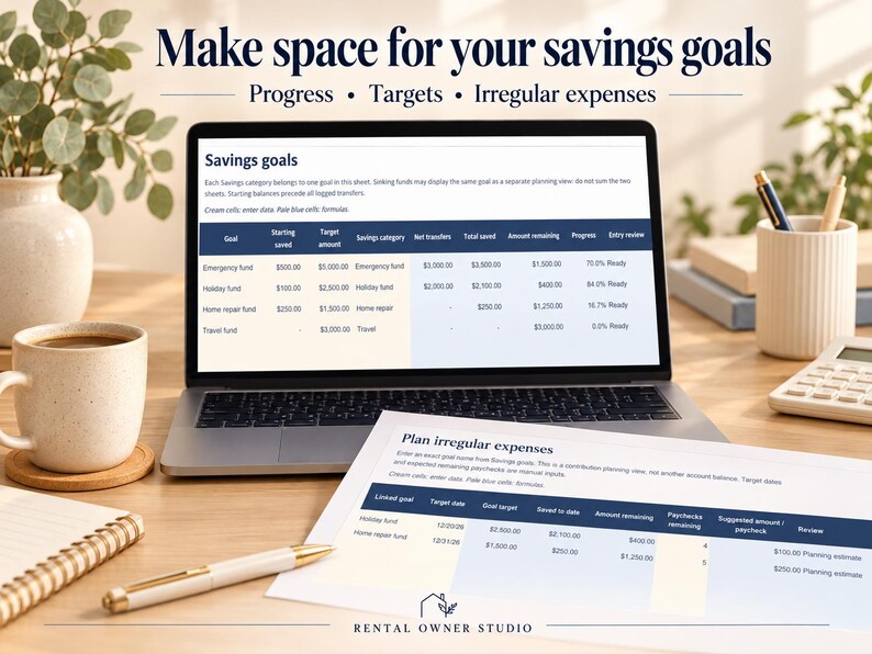May include: A laptop screen displaying a savings goals spreadsheet with columns for goals, target amounts, and progress, alongside a printed document titled Plan irregular expenses, both featuring tables for financial tracking and planning.