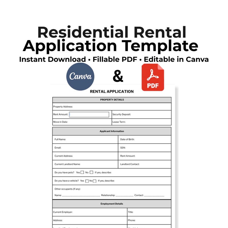 Rental Application Form | Landlord Tenant Screening (Fillable PDF, Canva) image 1