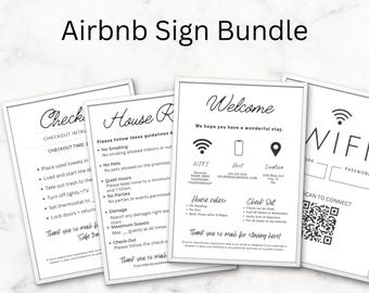Peut inclure: Un ensemble de quatre panneaux encadrés blancs avec du texte noir. Les panneaux comprennent des informations "Bienvenue", "Wifi", "Règles de la maison" et "Départ". Les panneaux sont conçus pour une location Airbnb.