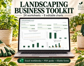 Peut inclure: Un écran d'ordinateur portable affichant un Landscaping Business Toolkit avec 24 feuilles de calcul et 6 graphiques modifiables. L'écran présente des données financières, des revenus et des bénéfices. Le texte indique Excel workbooks + PDF guide + fillable forms.