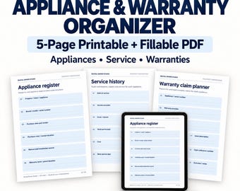 Peut inclure: Organisateur d'appareils et de garanties, PDF imprimable et remplissable de 5 pages. Comprend des formulaires de registre d'appareils, d'historique de service et de planificateur de réclamations avec des champs détaillés.