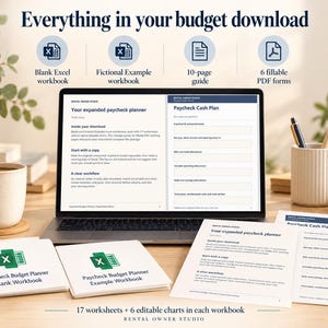 May include: A digital budget planner displayed on a laptop screen and printed pages. The set includes a blank Excel workbook, a fictional example workbook, a 10-page guide, and 6 fillable PDF forms, totaling 17 worksheets and 6 editable charts.