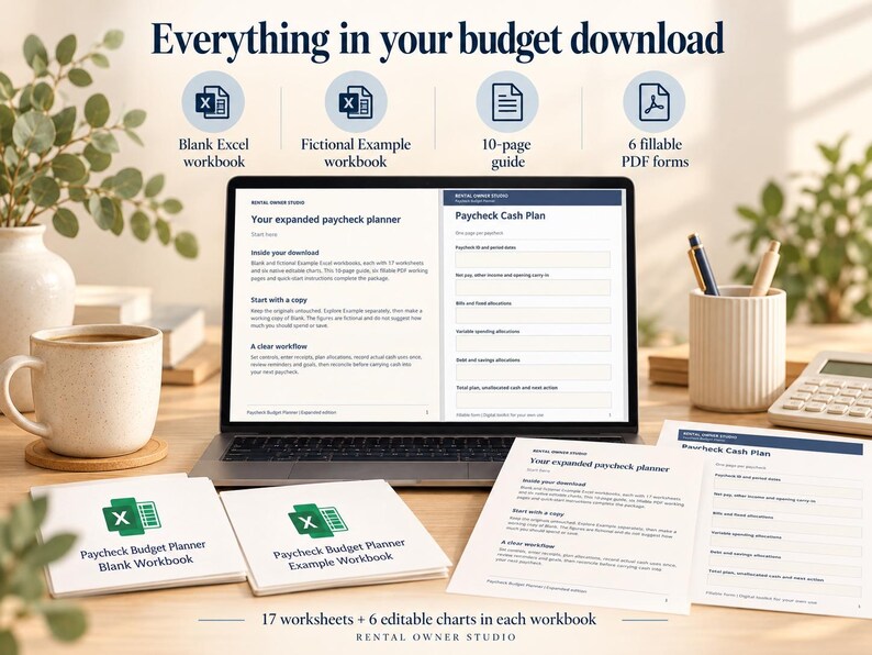 May include: A digital budget planner displayed on a laptop screen and printed pages. The set includes a blank Excel workbook, a fictional example workbook, a 10-page guide, and 6 fillable PDF forms, totaling 17 worksheets and 6 editable charts.