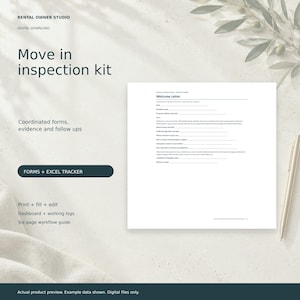 May include: A digital move-in inspection kit featuring a welcome letter document with lines for tenant details, move-in dates, and property information. The text includes Rental Owner Studio, Move in inspection kit, and Forms + Excel Tracker.