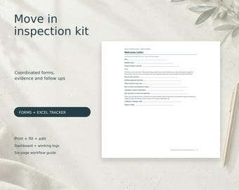 Peut inclure: Un kit d'inspection d'emménagement numérique comprenant un document de lettre de bienvenue avec des lignes pour les détails du locataire, les dates d'emménagement et les informations sur la propriété. Texte : Rental Owner Studio, Move in inspection kit.
