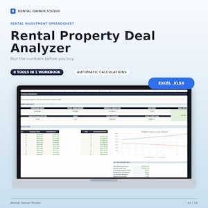 May include: A digital rental property deal analyzer spreadsheet displayed on a laptop screen. The interface includes an investment dashboard, property value versus loan balance charts, and key return metrics in an Excel .xlsx file format.