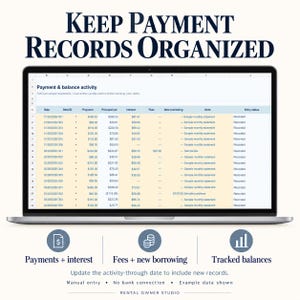 Laptop mockup showing Payment Log with payments, interest, fees, new borrowing and tracked balances. Update the activity-through date to include records. Manual entry with no bank connection. Fictional sample data.
