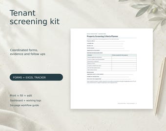 Peut inclure: Un kit de sélection de locataires numérique par Rental Owner Studio comprenant un formulaire de planificateur de critères de sélection. Le document contient des champs pour l'adresse, le loyer et le dépôt, avec un stylo posé sur le côté.