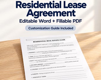 Peut inclure: Un document de contrat de bail résidentiel avec le texte Residential Lease Agreement, Editable Word + Fillable PDF et Customization Guide Included. Le document présente des sections pour la propriété, la durée, le loyer et le dépôt de garantie.