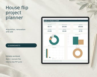 Peut inclure: Un classeur numérique de projet de rénovation immobilière affiché sur un écran de tablette, comprenant 16 feuilles de calcul, des tableaux financiers, des graphiques circulaires et des histogrammes. Le texte inclut Rental Owner Studio et 16 worksheets.