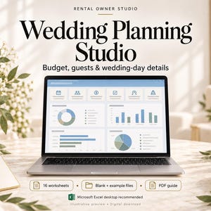 May include: A laptop displaying a digital wedding planning dashboard with charts and graphs. Text reads: RENTAL OWNER STUDIO, Wedding Planning Studio, Budget, guests & wedding-day details, 16 worksheets, Blank + example files, PDF guide, Microsoft Excel desktop recommended.