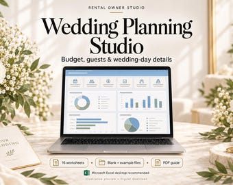 Peut inclure: Un ordinateur portable affichant un tableau de bord numérique de planification de mariage avec des graphiques. Le texte indique : RENTAL OWNER STUDIO, Wedding Planning Studio, Budget, guests & wedding-day details, 16 worksheets, Blank + example files, PDF guide, Microsoft Excel desktop recommended.