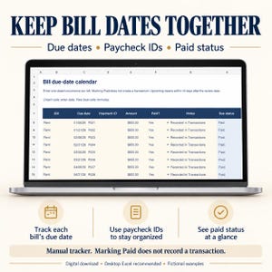 Bill due-date calendar on a laptop showing due dates, assigned paycheck IDs, amounts and paid status. Manual tracker; marking Paid does not create a transaction. Fictional examples.
