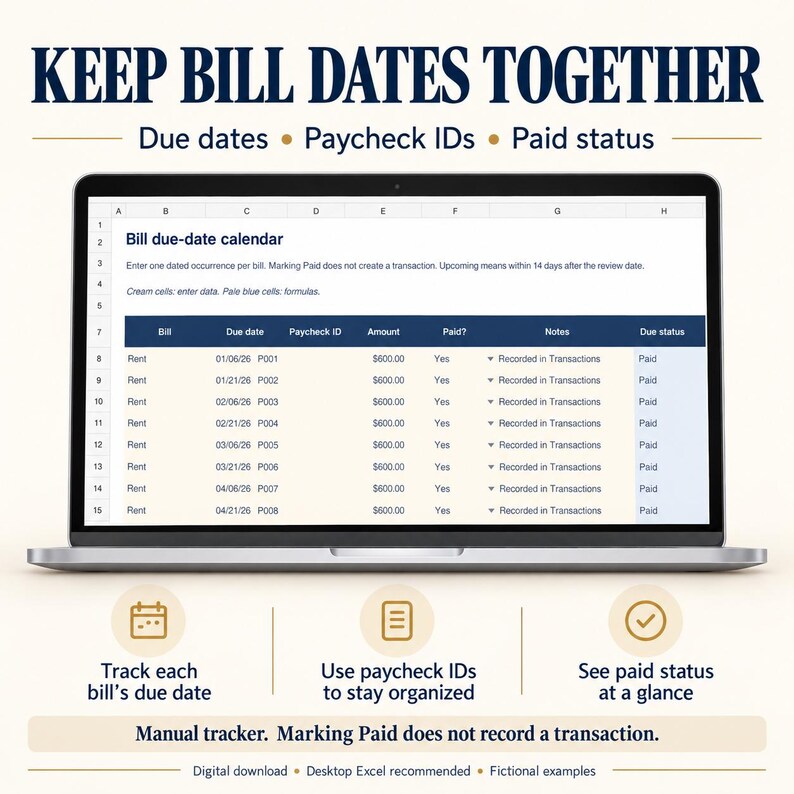 Bill due-date calendar on a laptop showing due dates, assigned paycheck IDs, amounts and paid status. Manual tracker; marking Paid does not create a transaction. Fictional examples.
