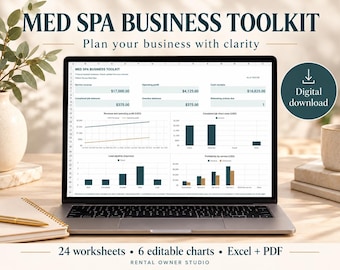 Peut inclure: Un écran d'ordinateur portable affichant une feuille de calcul Med Spa Business Toolkit avec des données financières, des graphiques de revenus et des diagrammes à barres. L'interface comprend des sections pour les revenus de service, le bénéfice d'exploitation et les reçus de caisse, avec 24 feuilles de calcul, 6 graphiques modifiables, Excel et PDF.