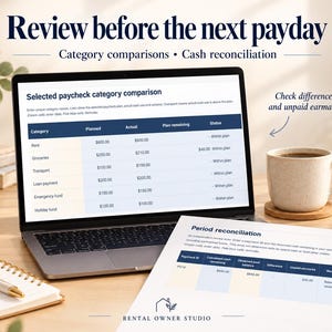 May include: A laptop displaying a spreadsheet titled Selected paycheck category comparison with columns for Category, Planned, Actual, Plan remaining, and Status. A printed document titled Period reconciliation sits in the foreground with a table.