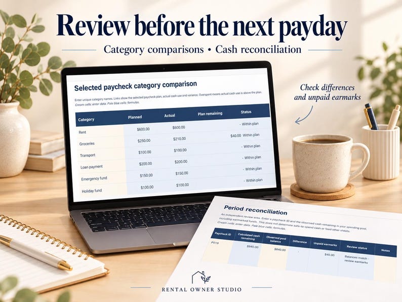 May include: A laptop displaying a spreadsheet titled Selected paycheck category comparison with columns for Category, Planned, Actual, Plan remaining, and Status. A printed document titled Period reconciliation sits in the foreground with a table.