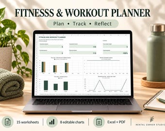 Peut inclure: Un écran d'ordinateur portable affichant une feuille de calcul Fitness & Workout Planner avec des tableaux de données et des graphiques. L'interface comprend des sections pour planifier, suivre et réfléchir aux séances, minutes et progrès, avec 15 feuilles et 8 graphiques.