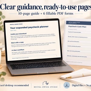 May include: A laptop displaying a digital paycheck planner with text reading Your expanded paycheck planner, alongside a printed Paycheck Cash Plan form. The screen includes sections titled Inside your download, Start with a copy, and A clear workflow.