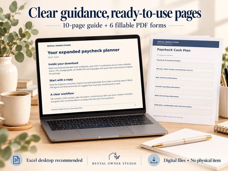 May include: A laptop displaying a digital paycheck planner with text reading Your expanded paycheck planner, alongside a printed Paycheck Cash Plan form. The screen includes sections titled Inside your download, Start with a copy, and A clear workflow.