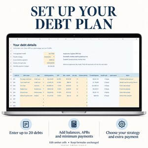 Laptop preview of the Setup worksheet with amber editable inputs for debt names, balances, APRs, minimums, payoff strategy and extra monthly payment. Organize up to 20 debts. Example data shown.