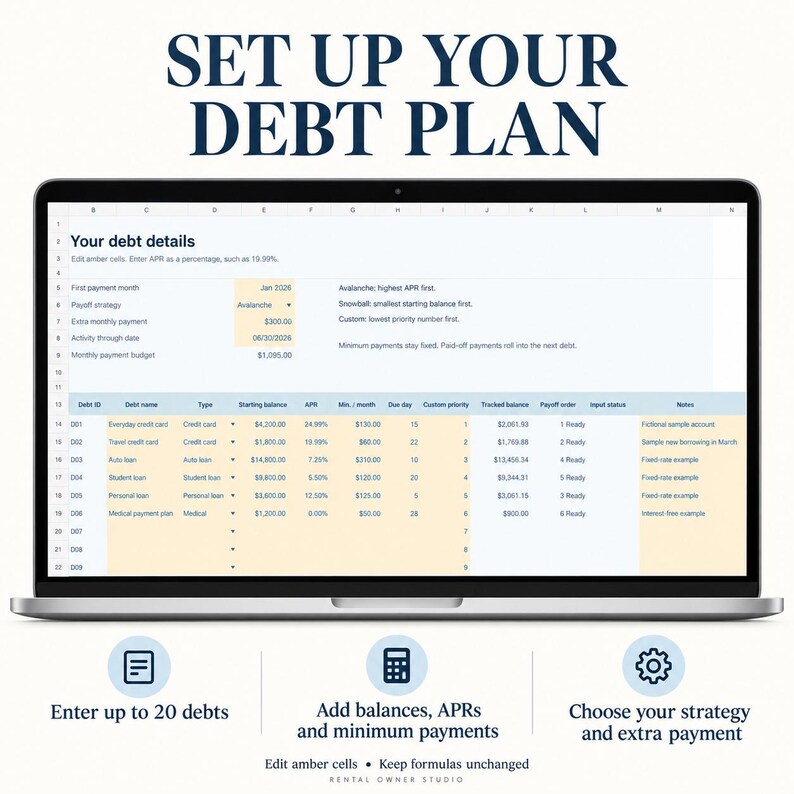 Laptop preview of the Setup worksheet with amber editable inputs for debt names, balances, APRs, minimums, payoff strategy and extra monthly payment. Organize up to 20 debts. Example data shown.