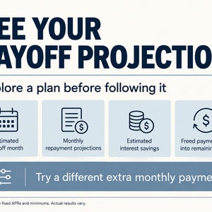 Payoff projections include an estimated payoff month, monthly repayment projections and estimated interest savings. Freed payments roll into remaining debts. Try different extra monthly payments. Fixed APR and minimum assumptions; actual results vary.