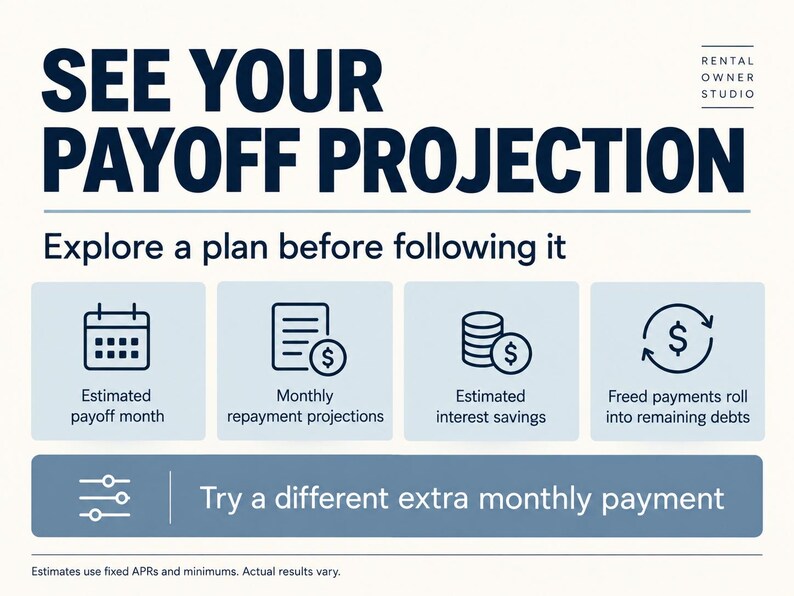 Payoff projections include an estimated payoff month, monthly repayment projections and estimated interest savings. Freed payments roll into remaining debts. Try different extra monthly payments. Fixed APR and minimum assumptions; actual results vary.