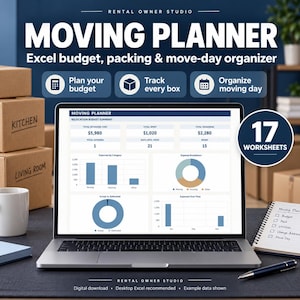 May include: A digital moving planner displayed on a laptop screen, featuring Excel budget, packing, and move-day organization tools. The screen shows a relocation budget summary with charts and graphs. Includes 17 worksheets for tracking.