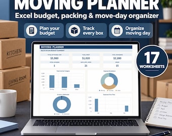 Peut inclure: Un planificateur de déménagement numérique affiché sur un écran d'ordinateur portable, comprenant des outils Excel pour le budget, l'emballage et l'organisation. L'écran montre un résumé du budget de relocalisation avec des graphiques.