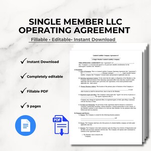 Puede incluir: Un documento de Acuerdo Operativo de LLC de Miembro Único. El documento es rellenable, editable y de descarga instantánea. Incluye 9 páginas, contenido completamente editable y formato PDF rellenable.