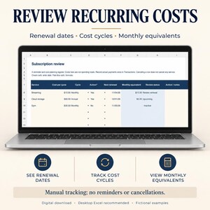 Subscription review laptop preview with cost per cycle, renewal dates, monthly equivalents and review status. Manual tracking; does not send reminders or cancel services. Fictional examples.