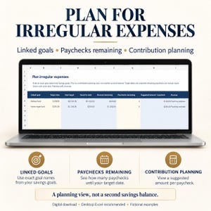 Sinking funds laptop preview showing linked savings goals, remaining amount, entered paycheck count and suggested contribution. Contribution planning view, not a second savings balance. Fictional examples.
