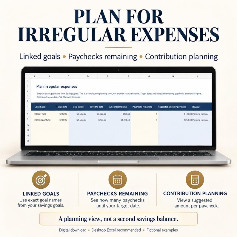 Sinking funds laptop preview showing linked savings goals, remaining amount, entered paycheck count and suggested contribution. Contribution planning view, not a second savings balance. Fictional examples.