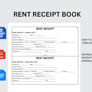 Puede incluir: Una plantilla de recibo de alquiler en blanco y negro con el texto "RENT RECEIPT BOOK". La plantilla incluye campos para la información del inquilino, el importe del alquiler y los detalles del pago. Los iconos de Word, PDF y un documento están a la izquierda. El texto de la derecha dice "EASY TO USE TEMPLATE" y "EDITABLE INSTANT DOWNLOAD".
