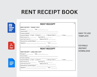 Peut inclure: Un modèle de reçu de loyer en noir et blanc avec le texte "RENT RECEIPT BOOK". Le modèle comprend des champs pour les informations du locataire, le montant du loyer et les détails du paiement. Des icônes pour Word, PDF et un document sont à gauche. Le texte à droite indique "EASY TO USE TEMPLATE" et "EDITABLE INSTANT DOWNLOAD".